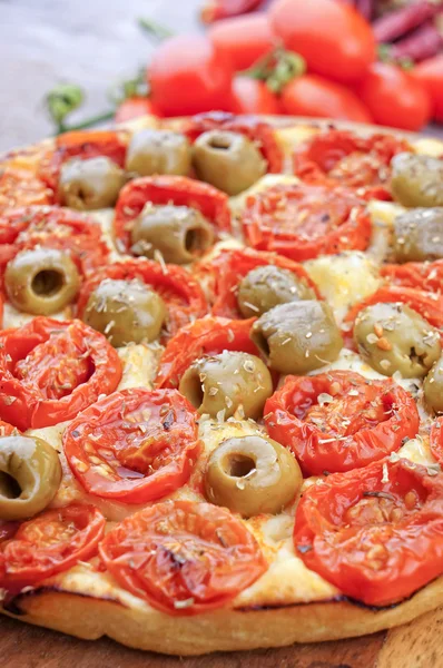 Focaccia with cherry tomatoes and green olives — Stock Photo, Image