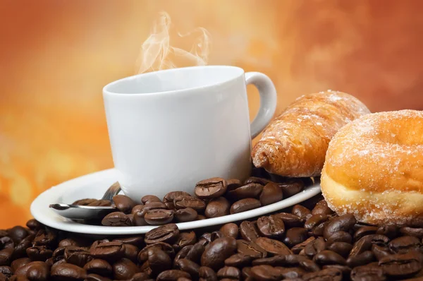 Coffee with croissant and donut — Stock Photo, Image