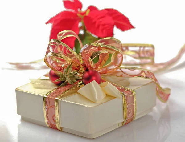 Confezione regalo di Natale e fiore rosso — Foto Stock