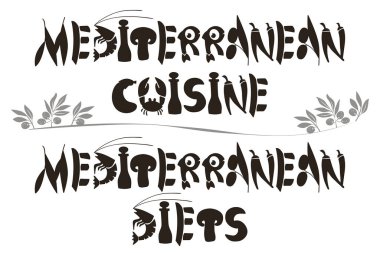 Akdeniz yemekleri _ afişler. Bistro veya Akdeniz lokantası afişi için vektör illüstrasyonu. Menü, baskı kartı, afiş, poster tasarımı.