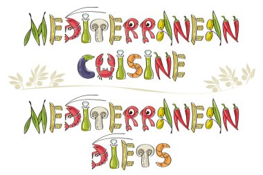 Akdeniz yemekleri _ afişler. Bistro veya Akdeniz lokantası afişi için vektör illüstrasyonu. Menü, baskı kartı, afiş, poster tasarımı.