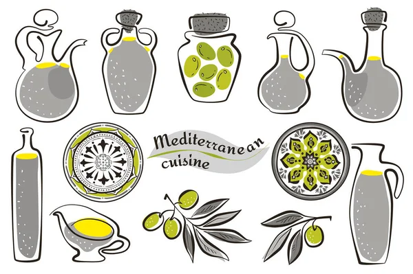 Akdeniz zeytinyağı diyeti. Zeytin yağı seti. Yeşil yaşamlı dallar. Bir şişe yağ. Beyaz arka planda vektör çizimi. Akdeniz diyetleri