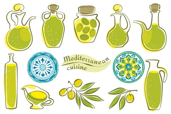 Akdeniz zeytinyağı diyeti. Zeytin yağı seti. Yeşil yaşamlı dallar. Bir şişe yağ. Beyaz arka planda vektör çizimi. Akdeniz diyetleri