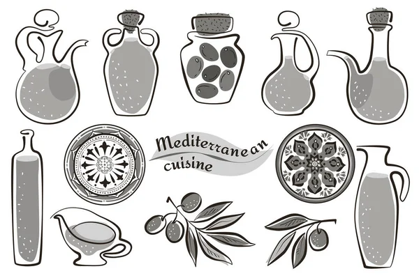 Akdeniz zeytinyağı diyeti. Zeytin yağı seti. Yeşil yaşamlı dallar. Bir şişe yağ. Beyaz arka planda vektör çizimi. Akdeniz diyetleri