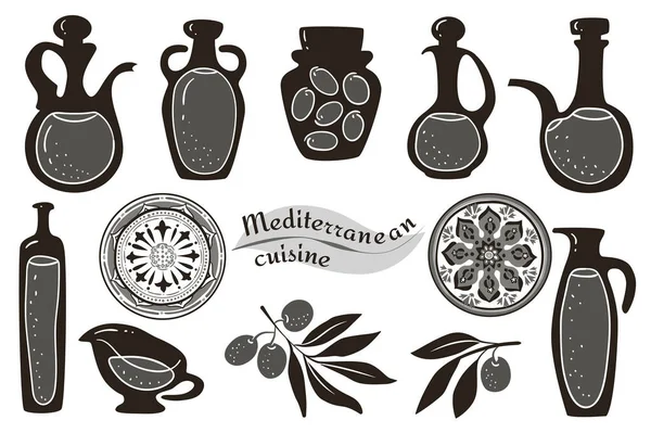 Akdeniz zeytinyağı diyeti. Zeytin yağı seti. Yeşil yaşamlı dallar. Bir şişe yağ. Beyaz arka planda vektör çizimi. Akdeniz diyetleri