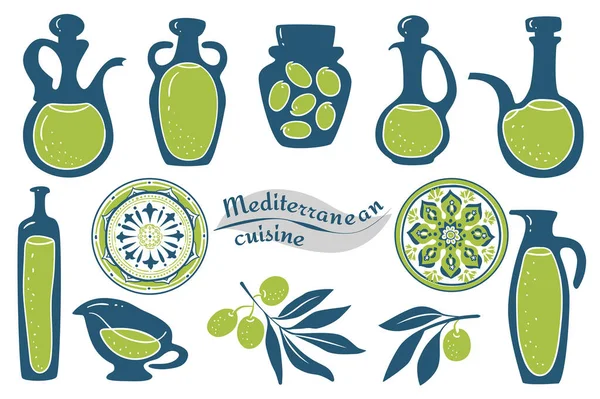 Akdeniz zeytinyağı diyeti. Zeytin yağı seti. Yeşil yaşamlı dallar. Bir şişe yağ. Beyaz arka planda vektör çizimi. Akdeniz diyetleri