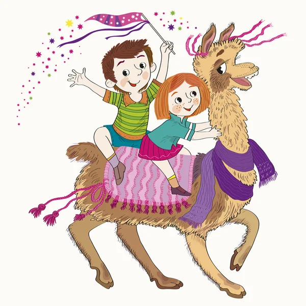 I bambini a cavallo della llama.-Illustrazione Vettoriale Stock