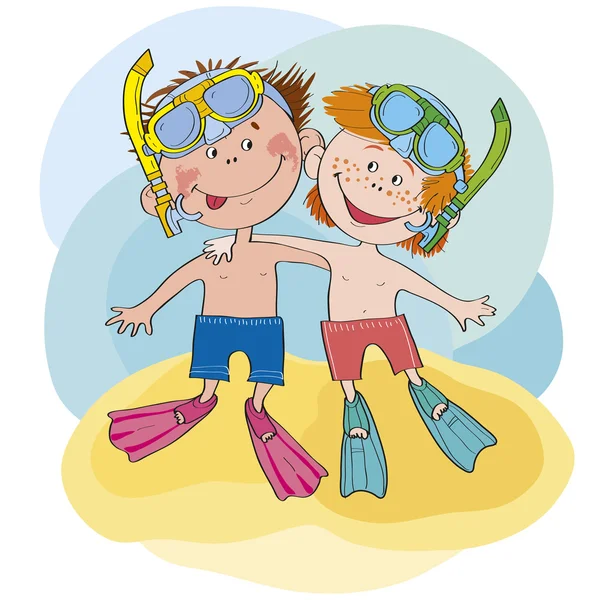 Vrolijke kinderen-jongens op strand-illustratie — Stockvector