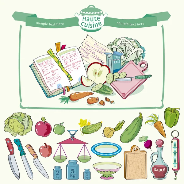 Küchengeschirr und Gemüse für Kunstwerke - Illustration — Stockvektor