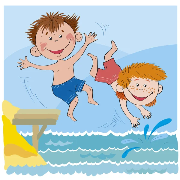 Glada barn-pojkar hoppa i vatten-illustration Vektorgrafik