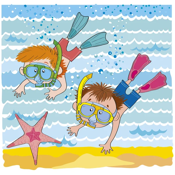 Bambini allegri-Ragazzi galleggiano sotto acqua-illustrazione Illustrazioni Stock Royalty Free