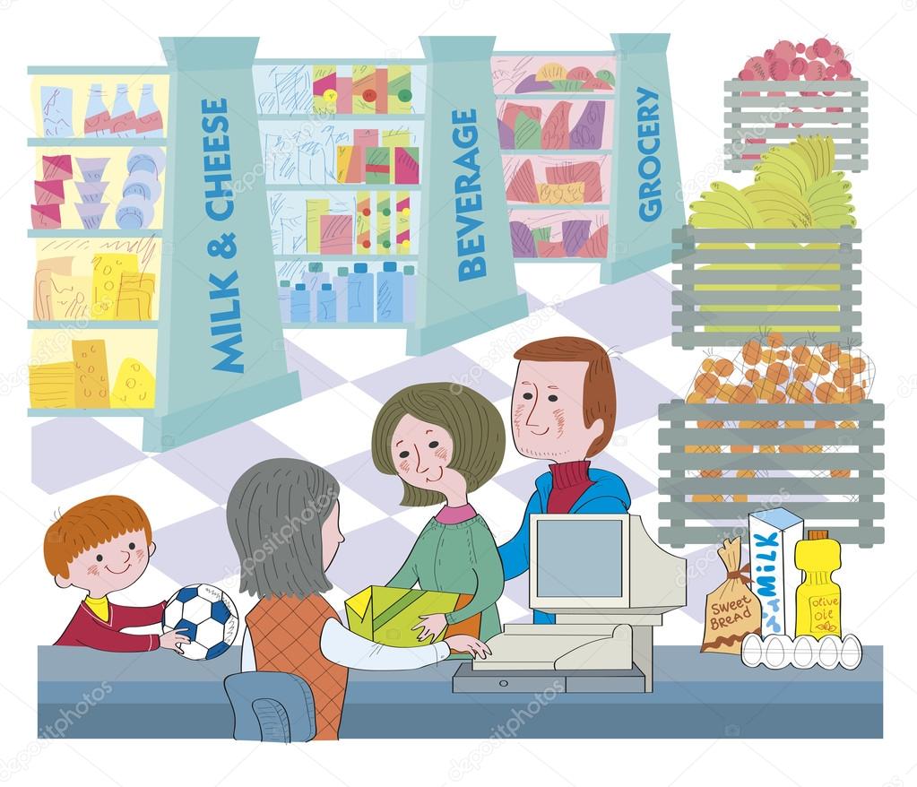 Family in a supermarket. illustration