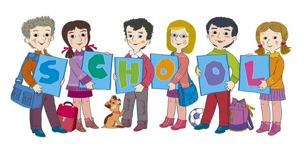 Neşeli, dostane çocuk grup çok renkli le tutar