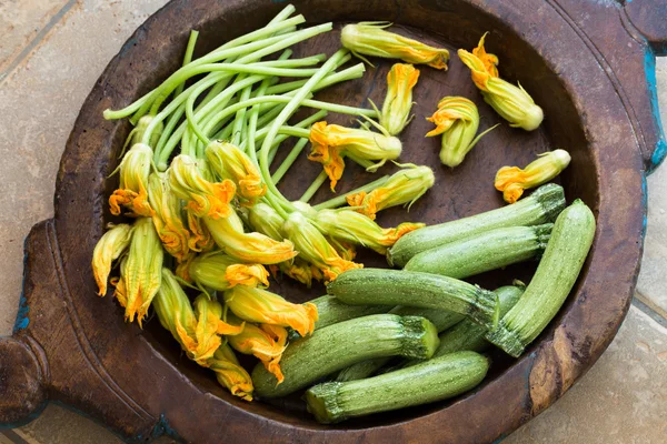 Zucchini och zucchini blommor — Stockfoto