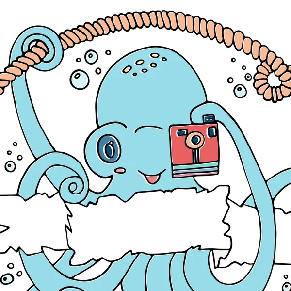 Милый улыбающийся мультяшный осьминог с камерой . — стоковый вектор