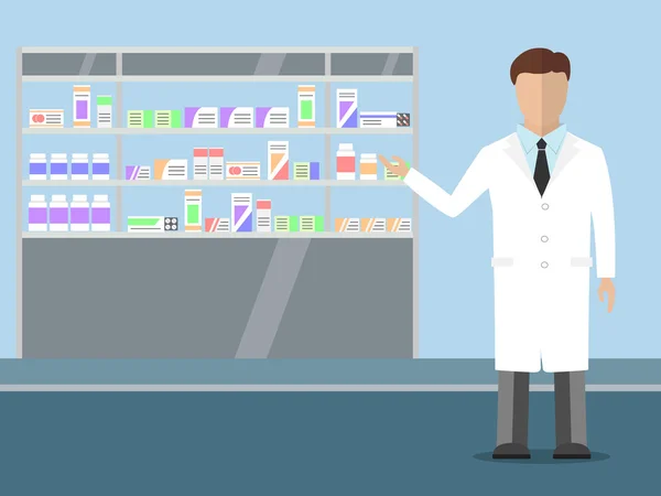 Pharmacist standing near shelves with medications — Stock Vector