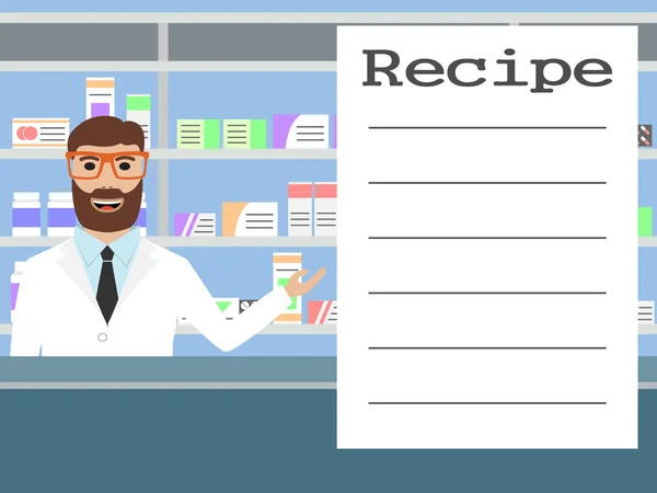 Pharmacist standing near shelves with medications — Stock Vector