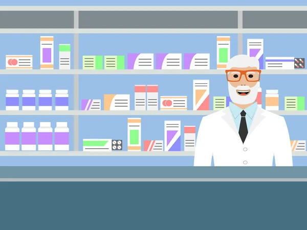 Pharmacien debout près des étagères avec des médicaments — Image vectorielle
