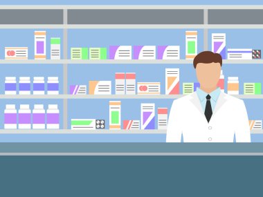 Raflar ilaçlar ile yakın ayakta eczacı