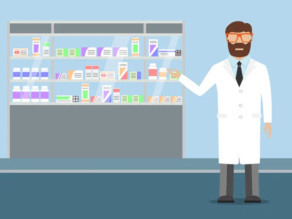 Farmacêutico em pé perto de prateleiras com medicamentos —  Vetores de Stock