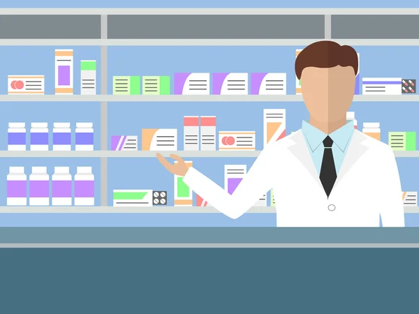 Pharmacist standing near shelves with medications — Stock Vector