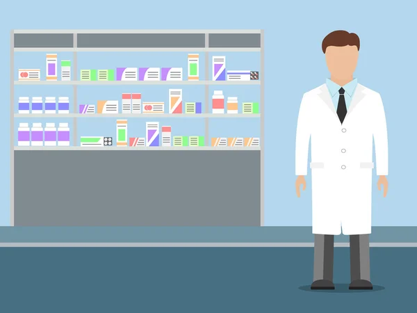 Farmacéutico de pie cerca de estantes con medicamentos — Vector de stock