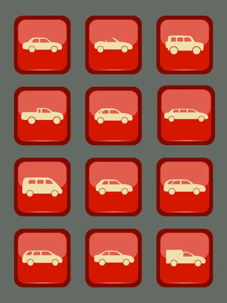 Iconos del coche establecidos en un botón rojo — Vector de stock