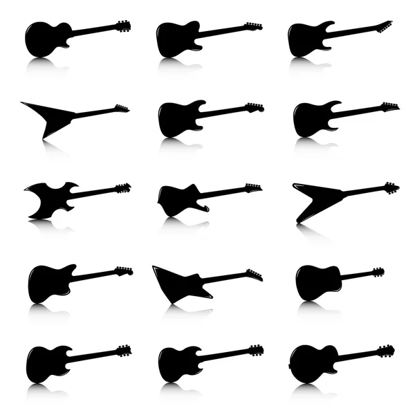 Set von Gitarrensymbolen, fünfzehn verschiedene Modelle — Stockvektor
