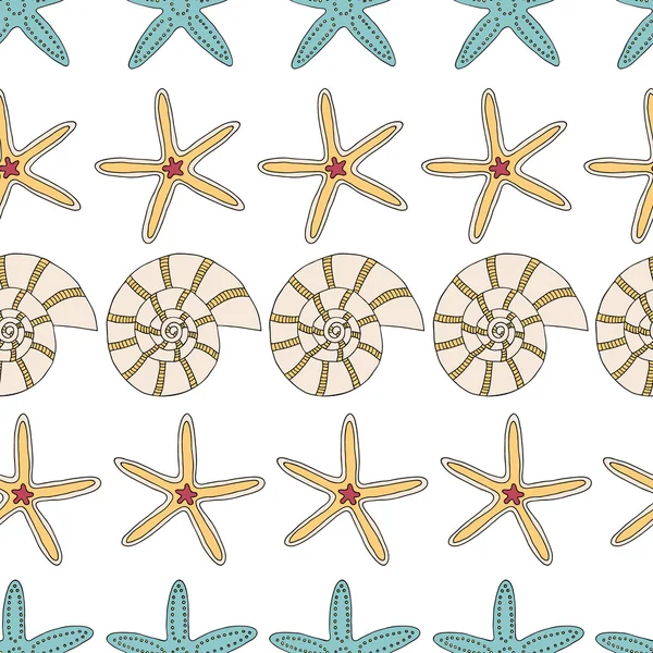 Seamless pattern of seashells  and starfish — Stock Vector