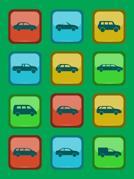 Iconos del coche establecidos en un botón de color — Vector de stock