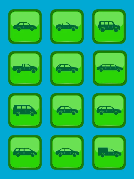 Iconos del coche establecidos en un botón verde — Vector de stock