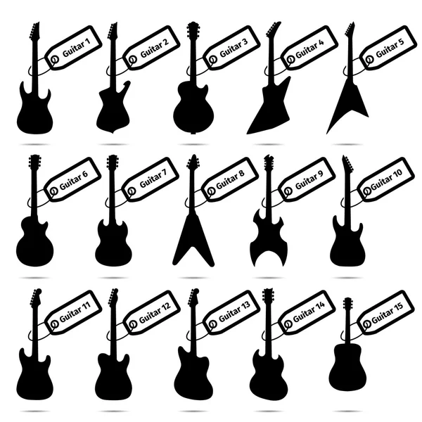 Conjunto de iconos de guitarra, quince modelos diferentes — Vector de stock