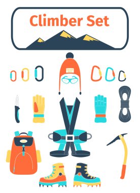 Ekipman ile dağcı Icons set