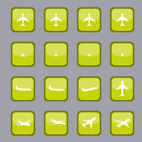 Différentes icônes d'avion sur un bouton jaune — Image vectorielle