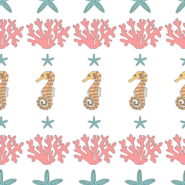 Seamless pattern of  starfish,coral and seahorses. — Stockový vektor