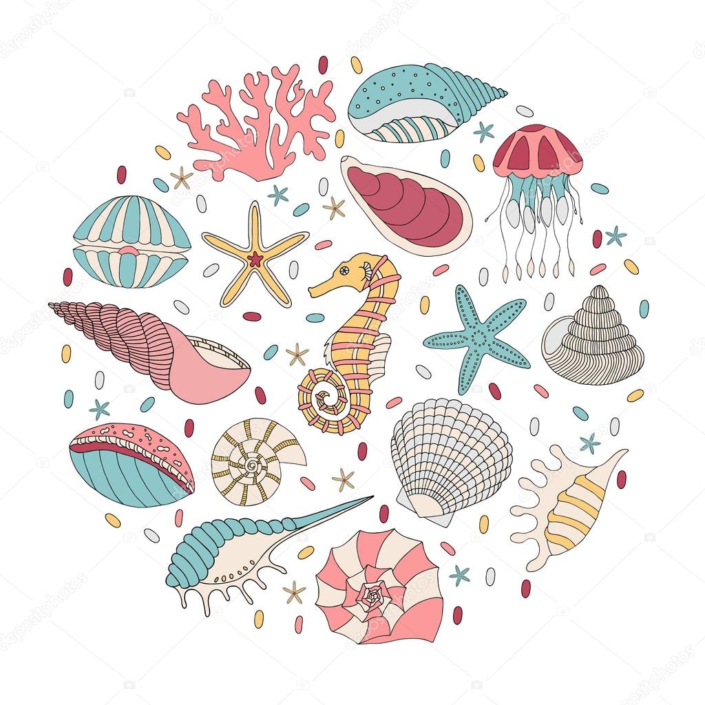Vector set of seashells, starfish and seahorses
