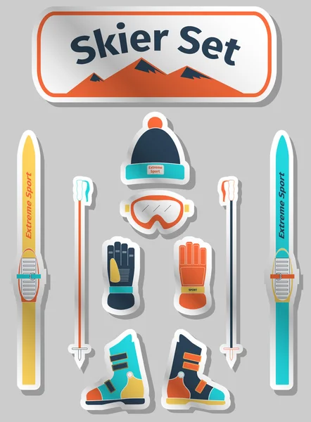 Skier icons set with equipment — Stock Vector