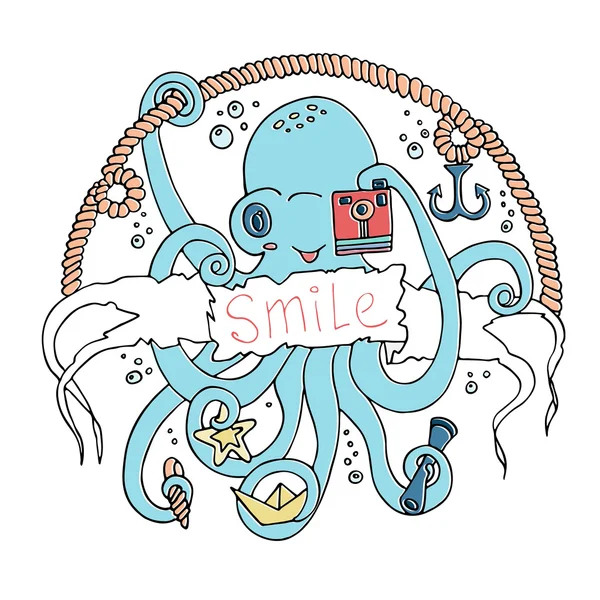 Lindo pulpo sonriente de dibujos animados con una cámara . — Archivo Imágenes Vectoriales