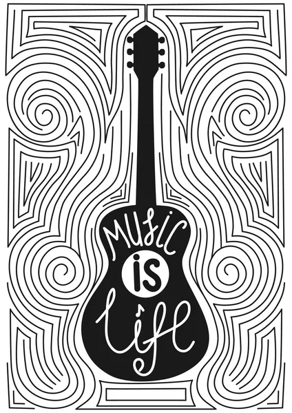 Guitar with hand drawn typography poster. Music is life — Stock Vector