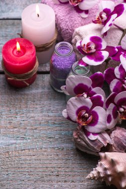 Spa terapisi ile ayarlama bir ahşap arka plan üzerinde izole orkide çiçekler. Seçici odak