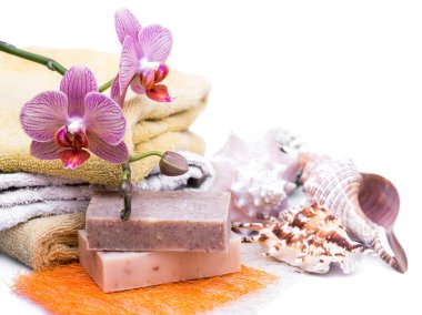 Spa terapisi ile ayarlama beyaz bir arka plan üzerinde izole orkide çiçekler. Seçici odak