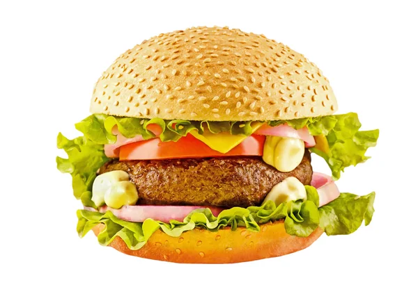 Grote hamburger met rundvlees kotelet en groenten op wit — Stockfoto