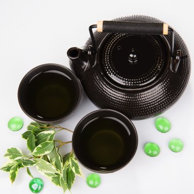 Green tea set on white background clipart