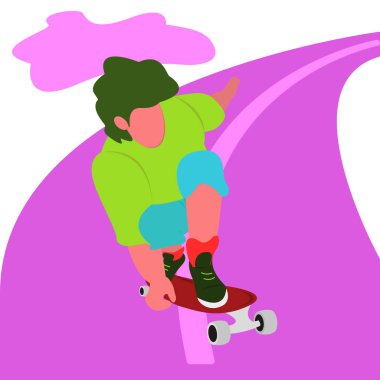 Reklam medyasında afişlerde yer alan karakterler için uygun çeşitli stillere sahip kaykaylı bir adamın düz illüstrasyon vektör grafiği vb. Genç insanların moda tutkusu ve yaşam tarzı temalı