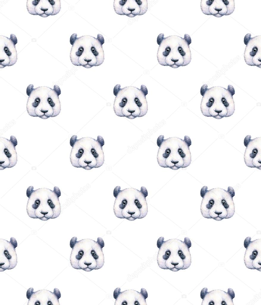 Pandas on white background. Seamless pattern. Watercolor drawing. Children's illustration. Handwork