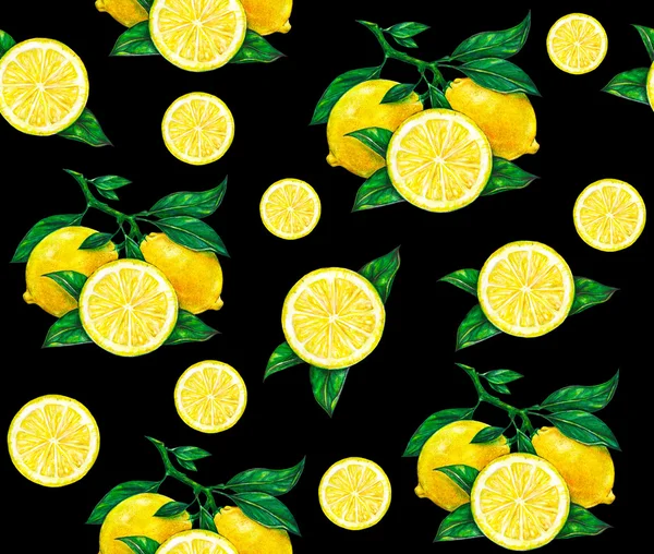 Grande illustration de beaux fruits jaunes citron sur un fond noir. Aquarelle dessin de citron. Modèle sans couture — Photo