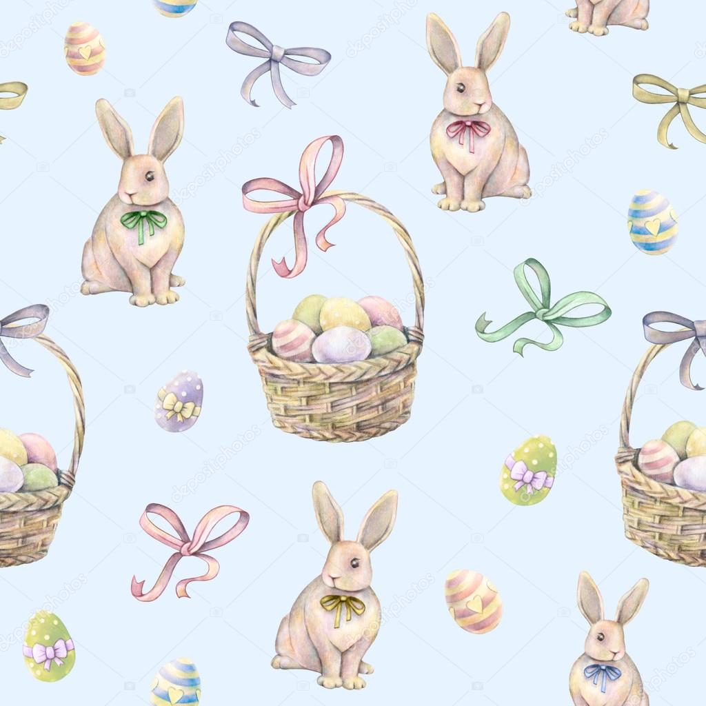 Rabbit with Easter basket on a blue background. Color Easter eggs. Watercolor drawing. Handwork. Seamless pattern