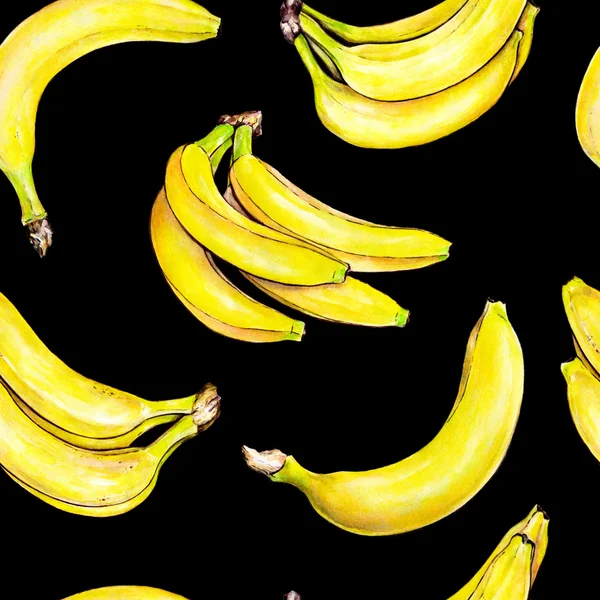 Banane su sfondo nero. Schema senza soluzione di continuità. Illustrazione ad acquerello. Frutta tropicale. Lavoro manuale — Foto Stock