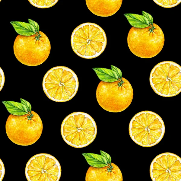 Frutti arancioni maturi con foglie verdi. Disegno ad acquerello. Lavoro manuale. Frutta tropicale. Cibo sano. Modello senza cuciture per il design — Foto Stock
