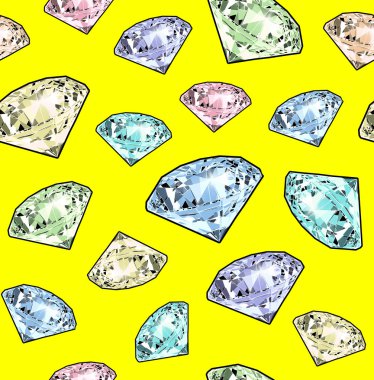 Bright sparkling brilliant on a yellow background. Seamless pattern. Realistic graphic illustration